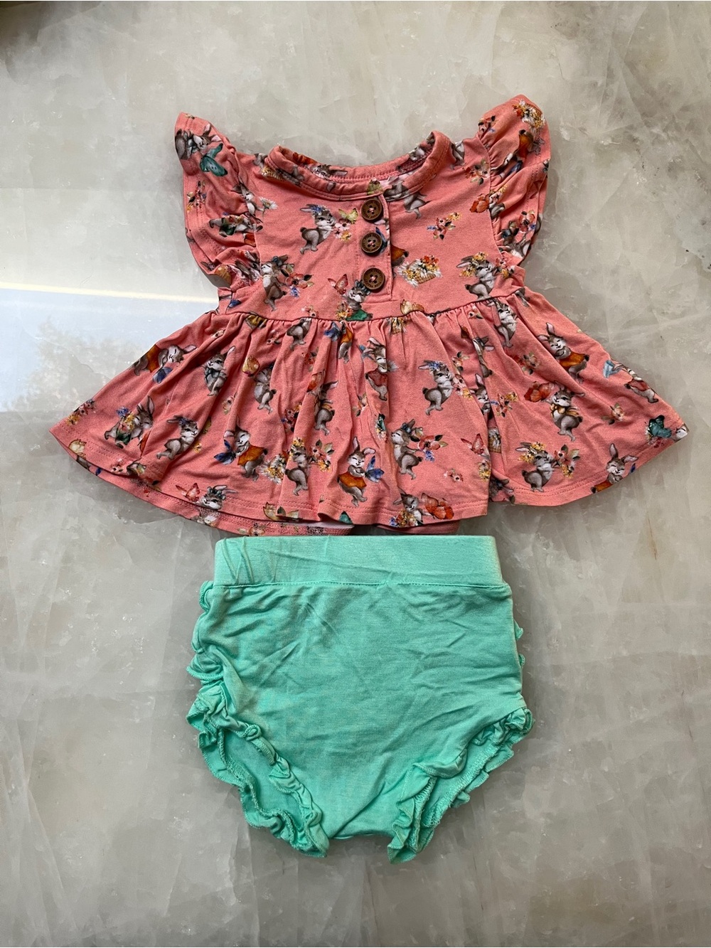 Posh Peanut Coral Bunny Floral Ruffle Top with Mint Bloomers